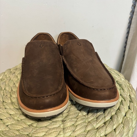 OluKai Kalia Slip-On Brown Dark Wood Leather Drop Hell Men’s Loafers Size 11 main image 9